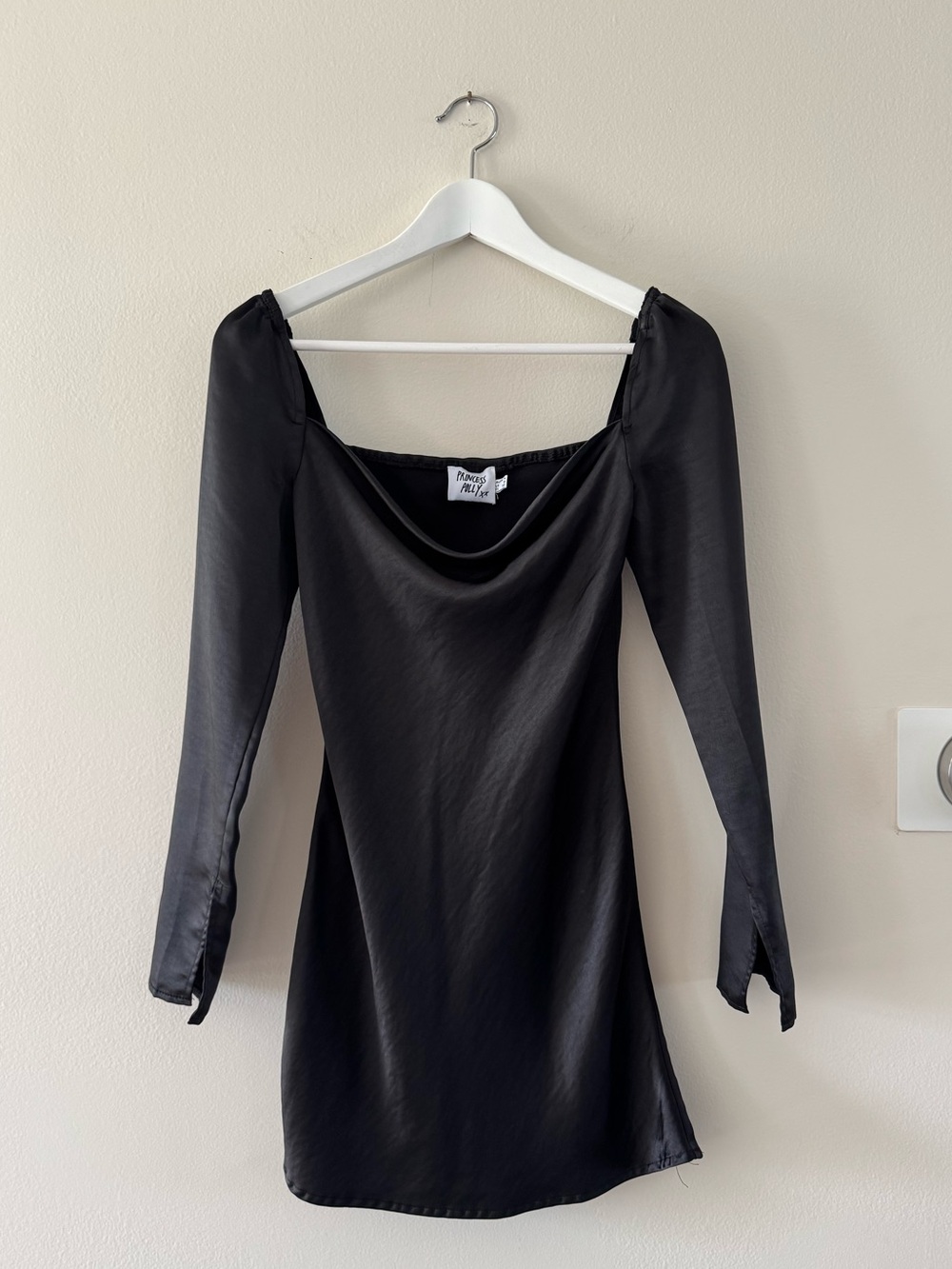 Princess Polly Black Satin Long-Sleeve Cowl Dress